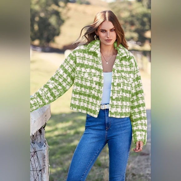 Crop Style Blue and White Women's Tweed Jacket - Picture 5 of 11